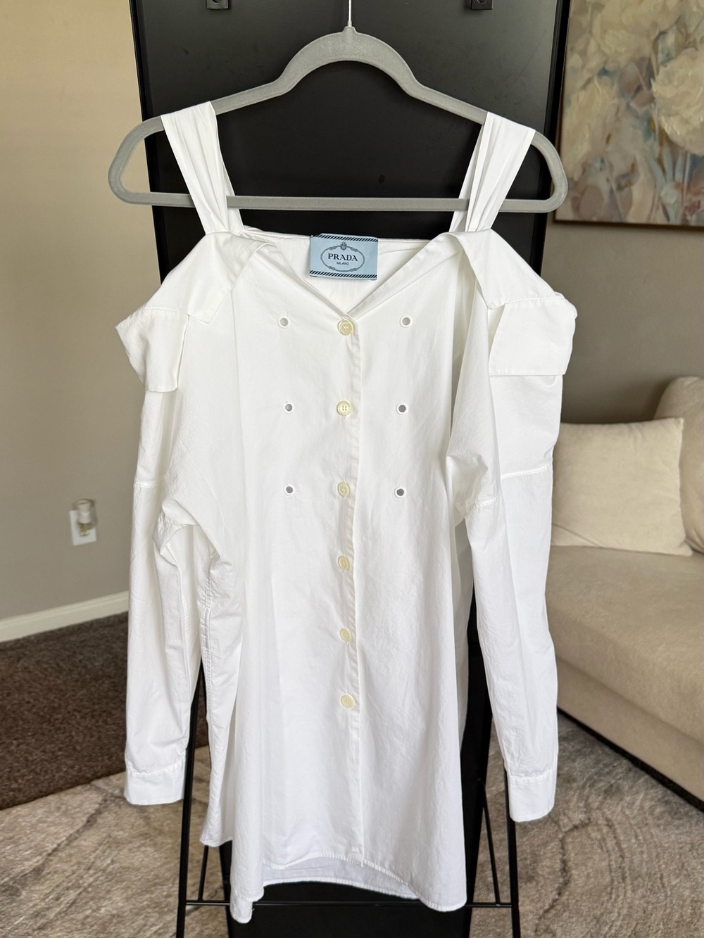 Prada White Cold-Shoulder Button-Front Dress with Waist Tie - Picture 6 of 12